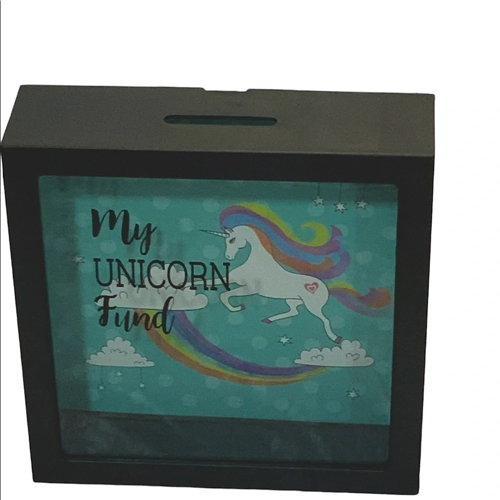 Unicorn Piggy Bank Clear View Front Rainbow Polka Dots Square 6 in x 6 in